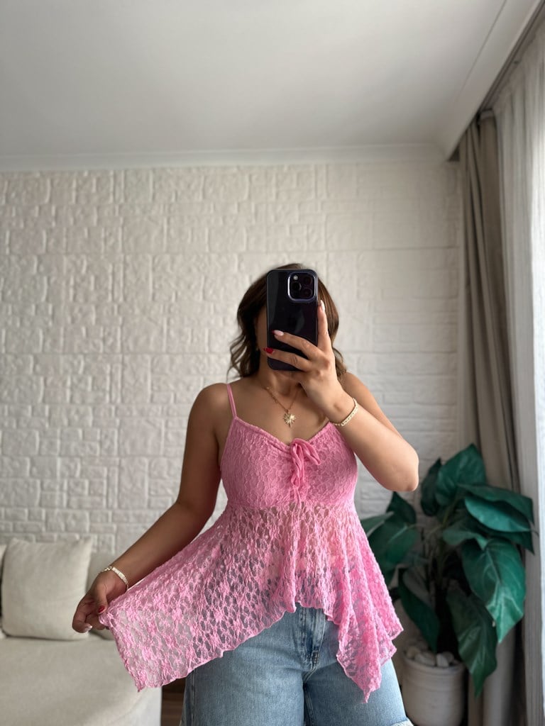 Askıları Ayarlanabilir Transparan Dantel Bluz Pembe