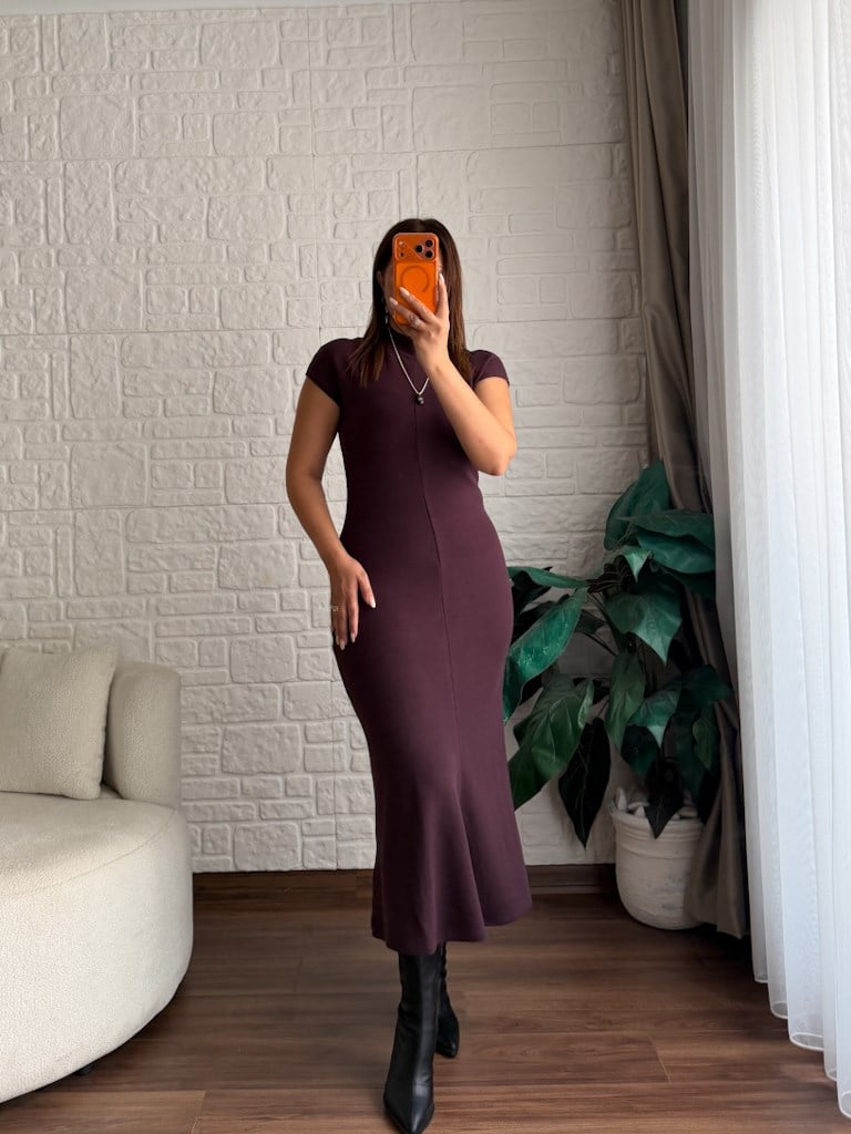 Balıkçı Yaka Çelik Örme Basic Elbise Mürdüm