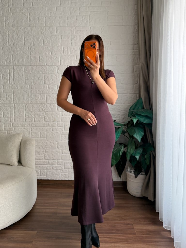 Balıkçı Yaka Çelik Örme Basic Elbise Mürdüm