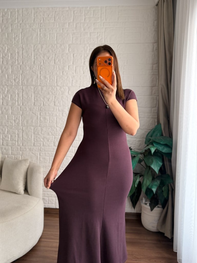 Balıkçı Yaka Çelik Örme Basic Elbise Mürdüm