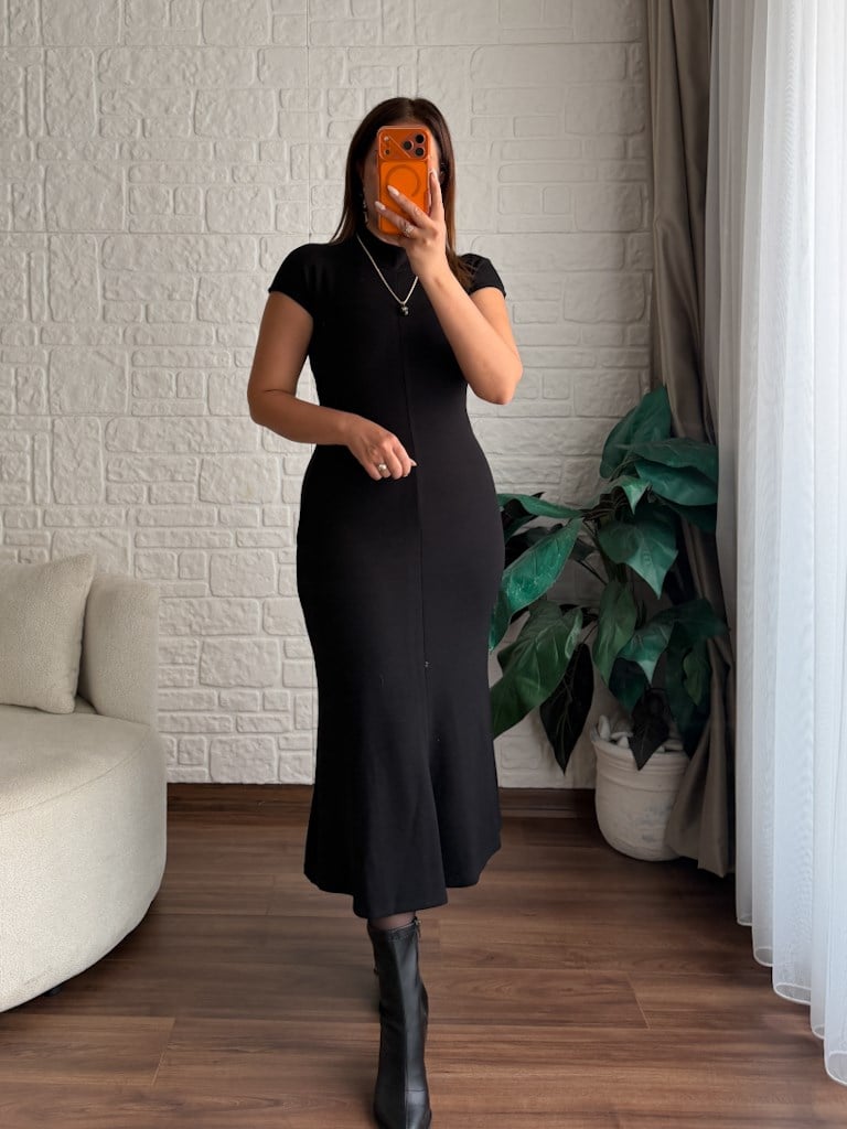 Balıkçı Yaka Çelik Örme Basic Elbise Siyah
