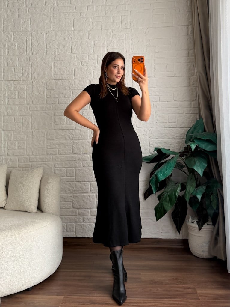 Balıkçı Yaka Çelik Örme Basic Elbise Siyah
