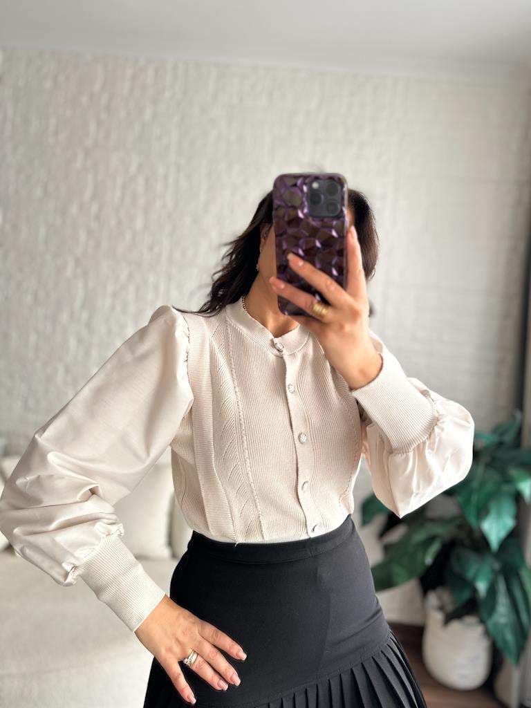 Balon Kol Önü Düğmeli Çelik Örme Bluz Hırka Taş