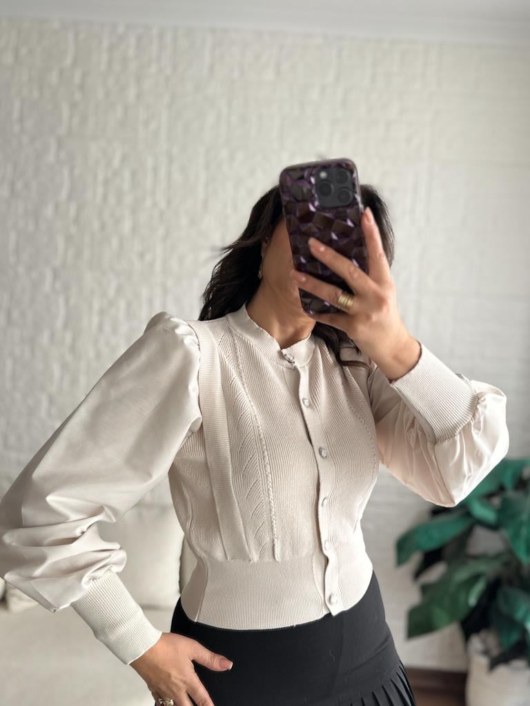 Balon Kol Önü Düğmeli Çelik Örme Bluz Hırka Taş