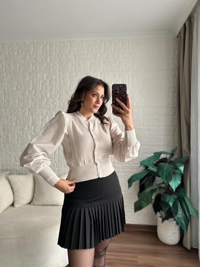 Balon Kol Önü Düğmeli Çelik Örme Bluz Hırka Taş