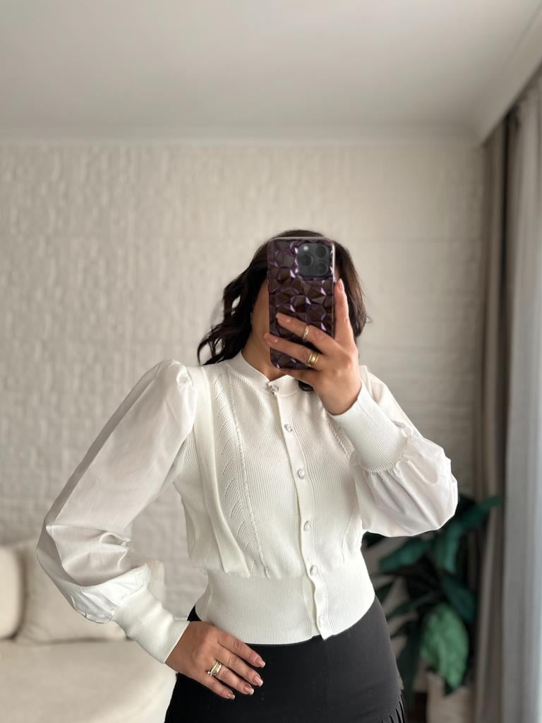 Balon Kol Önü Düğmeli Çelik Örme Bluz Hırka Ekru