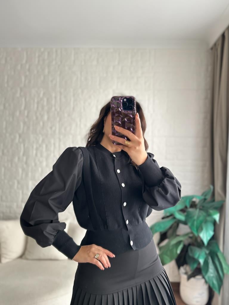 Balon Kol Önü Düğmeli Çelik Örme Bluz Hırka Siyah