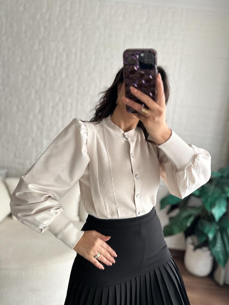 Balon Kol Önü Düğmeli Çelik Örme Bluz Hırka Taş