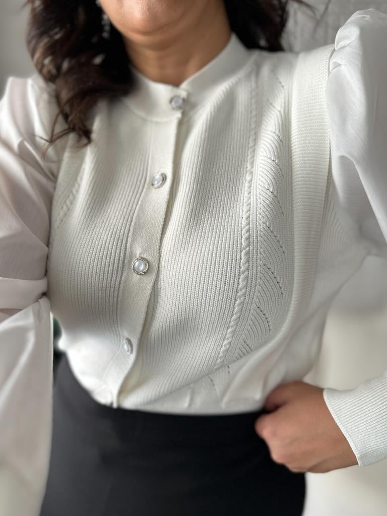 Balon Kol Önü Düğmeli Çelik Örme Bluz Hırka Ekru