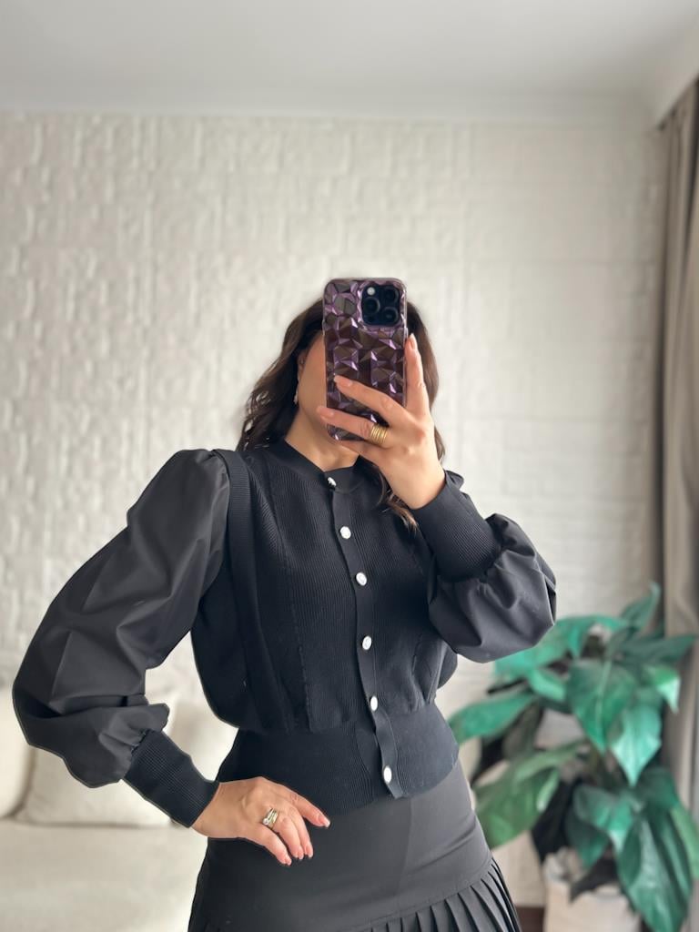 Balon Kol Önü Düğmeli Çelik Örme Bluz Hırka Siyah