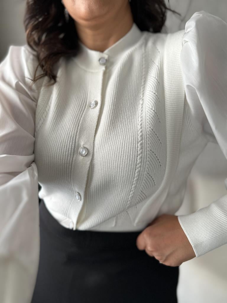 Balon Kol Önü Düğmeli Çelik Örme Bluz Hırka Ekru