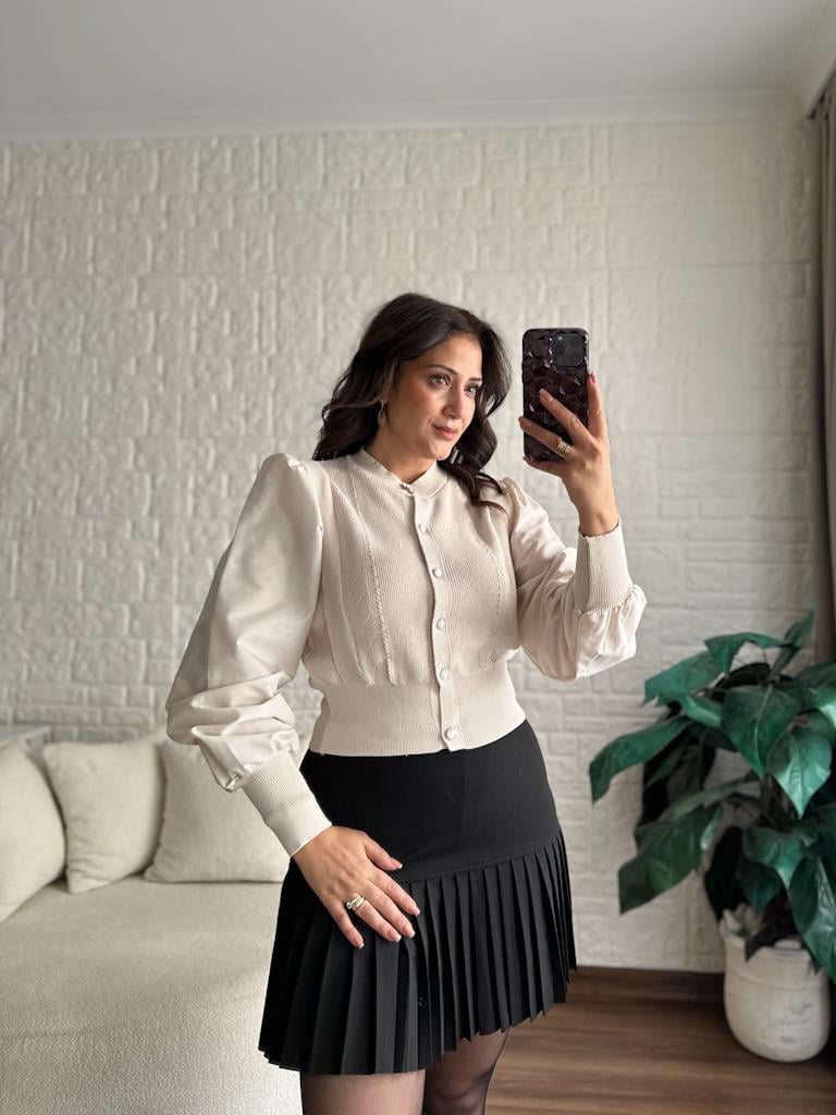 Balon Kol Önü Düğmeli Çelik Örme Bluz Hırka Taş