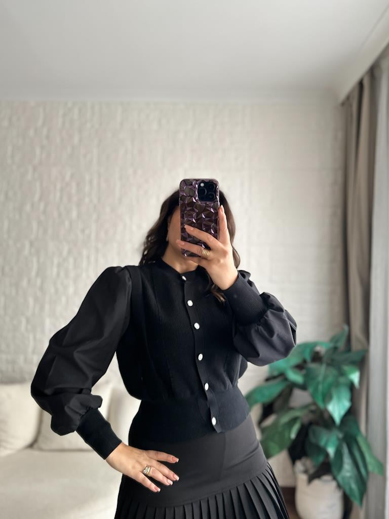 Balon Kol Önü Düğmeli Çelik Örme Bluz Hırka Siyah