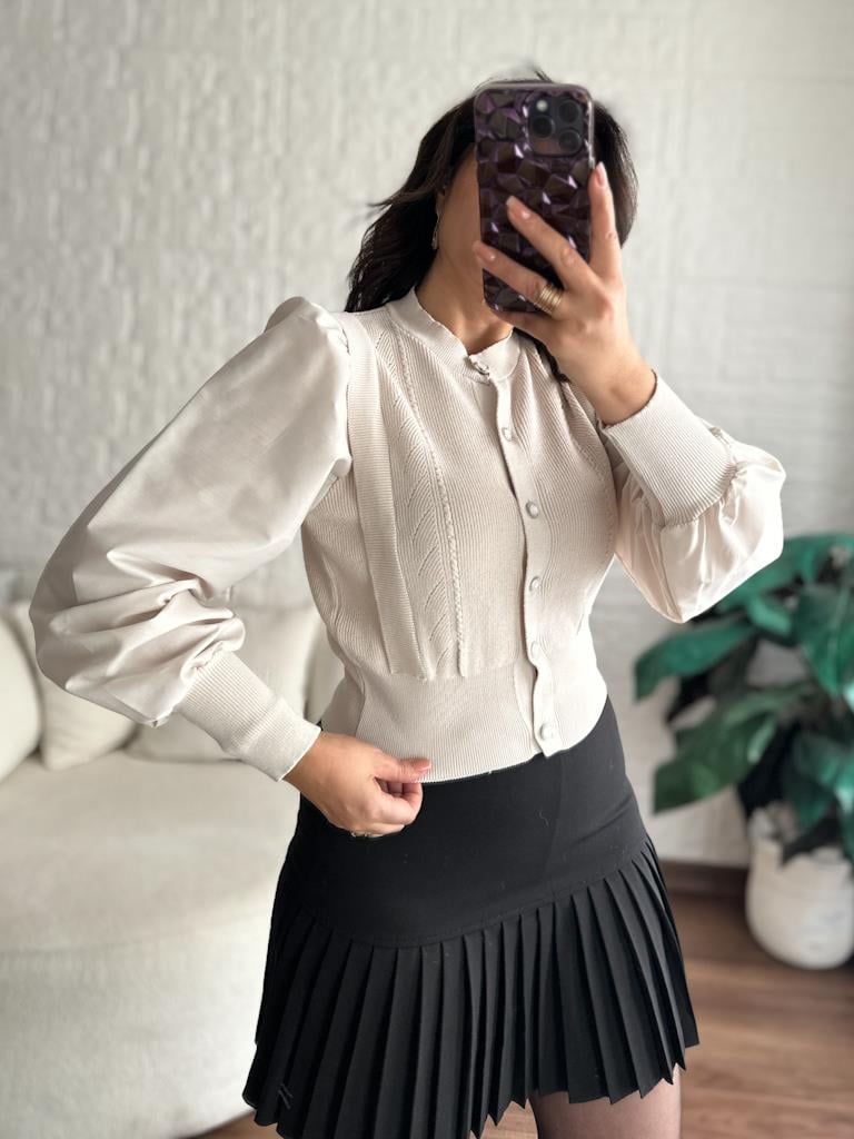 Balon Kol Önü Düğmeli Çelik Örme Bluz Hırka Taş