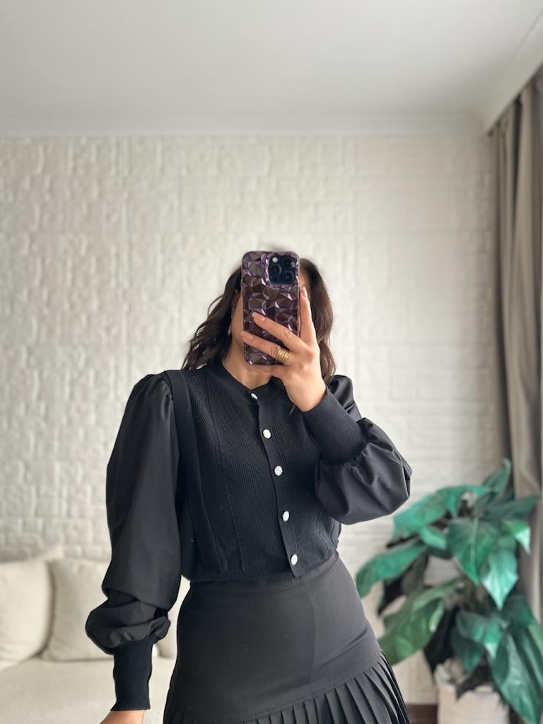 Balon Kol Önü Düğmeli Çelik Örme Bluz Hırka Siyah