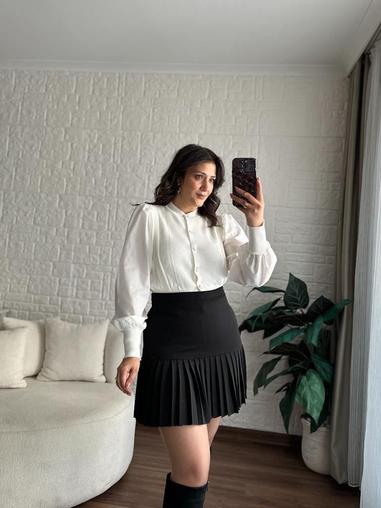 Balon Kol Önü Düğmeli Çelik Örme Bluz Hırka Ekru