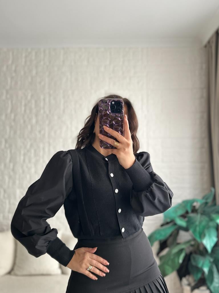 Balon Kol Önü Düğmeli Çelik Örme Bluz Hırka Siyah