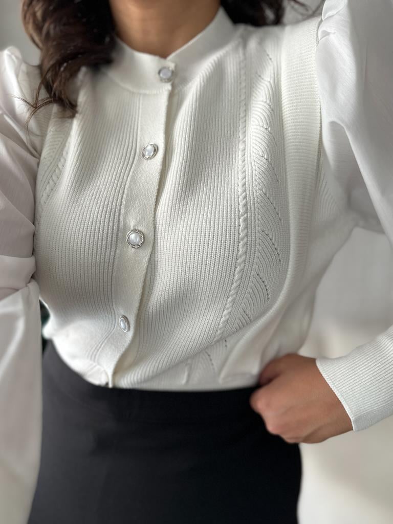 Balon Kol Önü Düğmeli Çelik Örme Bluz Hırka Ekru