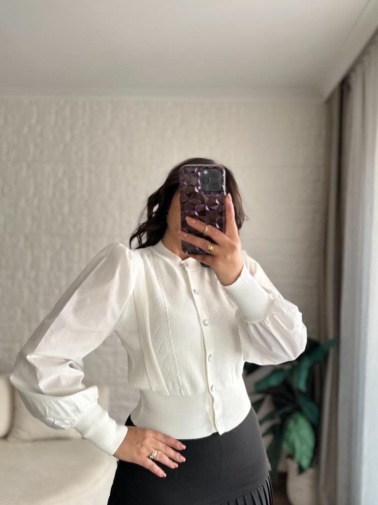 Balon Kol Önü Düğmeli Çelik Örme Bluz Hırka Ekru