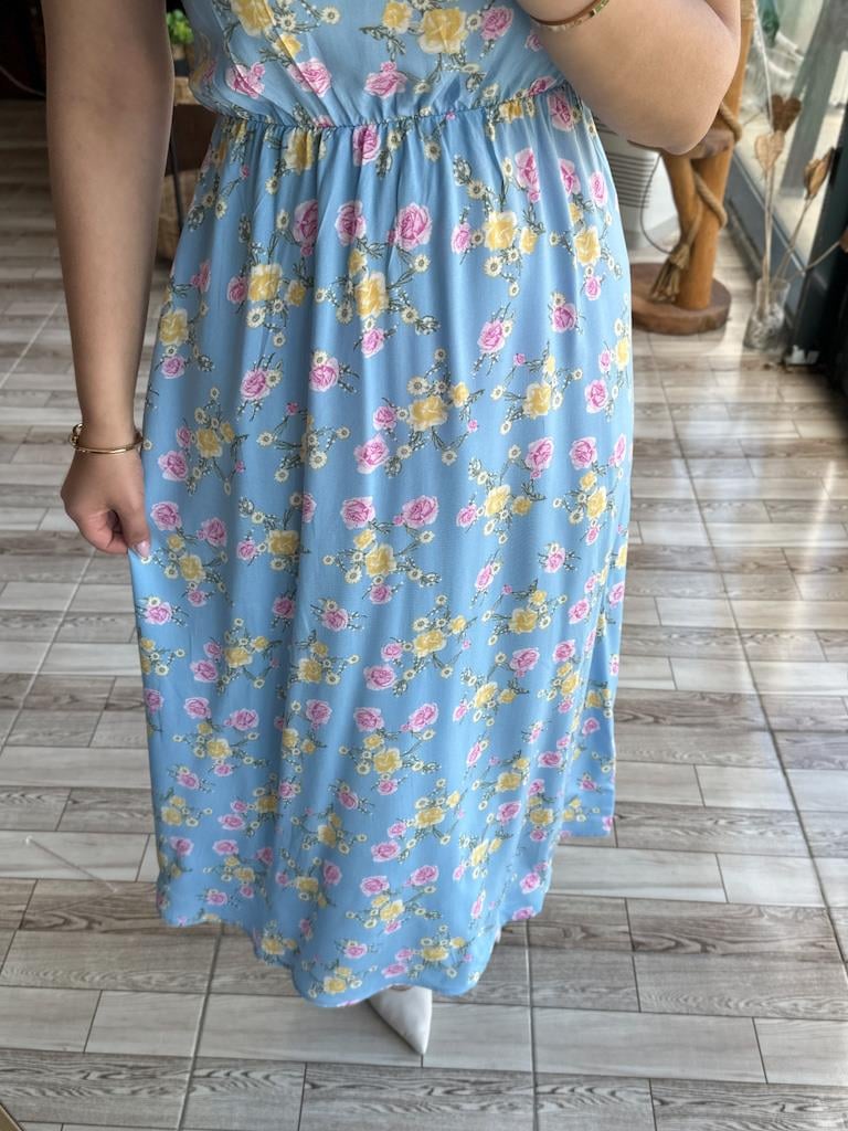 Bebe Yaka Mavi Çıtır Çiçek Desen Elbise