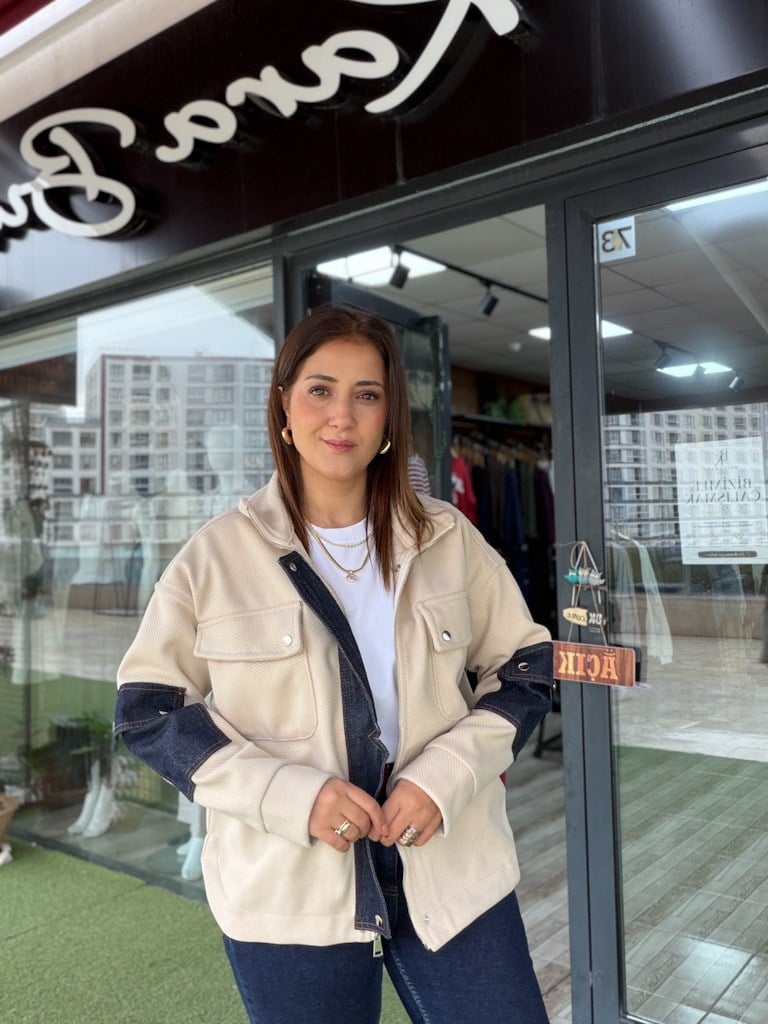 Bej Diagonel Kot Garnili Gömlek Ceket