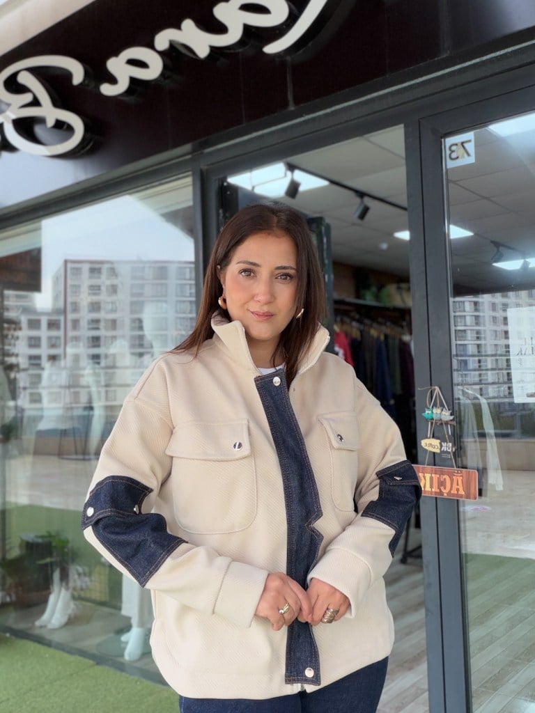 Bej Diagonel Kot Garnili Gömlek Ceket