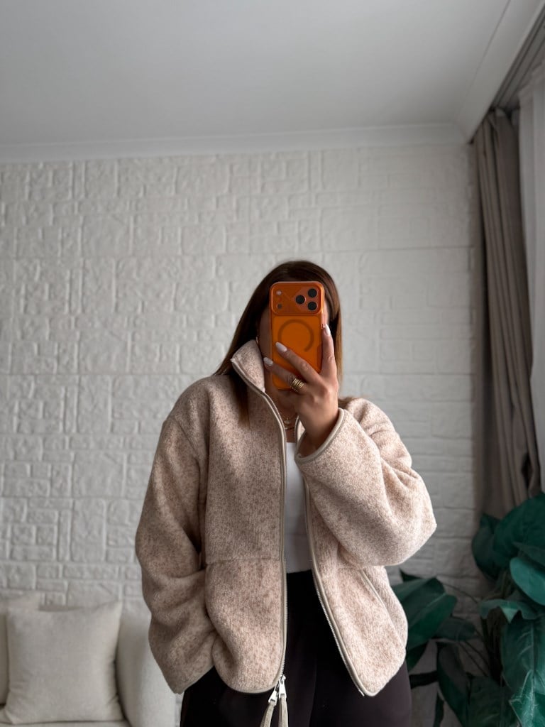 Bej Fermuarlı Polar Sweat Ceket