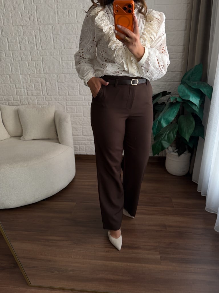 Beli Kemerli Bol Paça Kumaş Pantolon