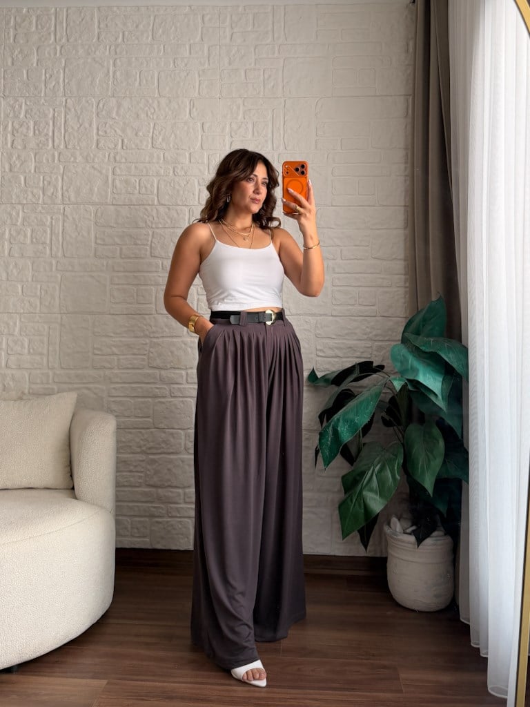 Beli Kemerli Pileli Bol Paça Modal Kumaş Palazzo Pantolon
