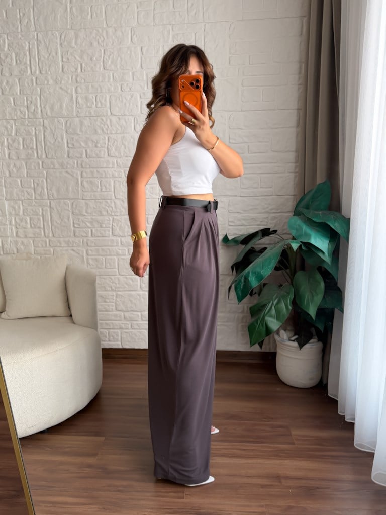 Beli Kemerli Pileli Bol Paça Modal Kumaş Palazzo Pantolon