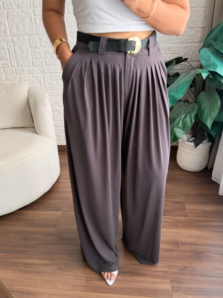 Beli Kemerli Pileli Bol Paça Modal Kumaş Palazzo Pantolon