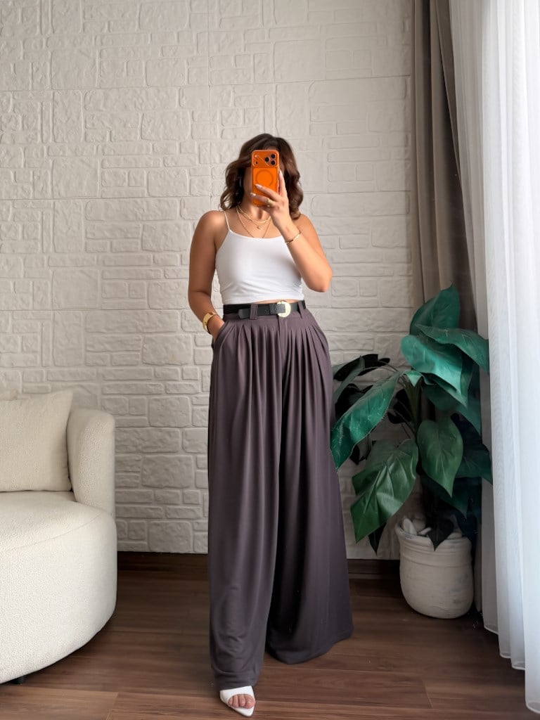 Beli Kemerli Pileli Bol Paça Modal Kumaş Palazzo Pantolon