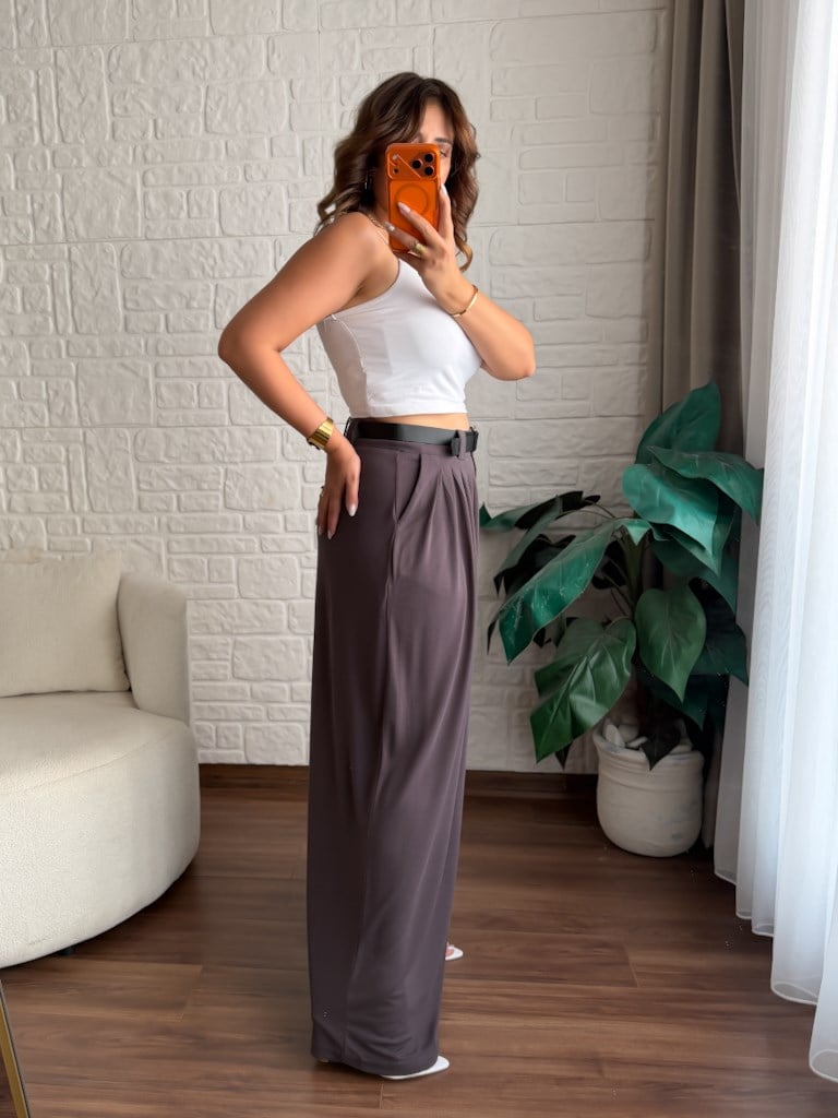 Beli Kemerli Pileli Bol Paça Modal Kumaş Palazzo Pantolon