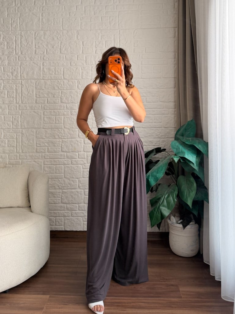 Beli Kemerli Pileli Bol Paça Modal Kumaş Palazzo Pantolon