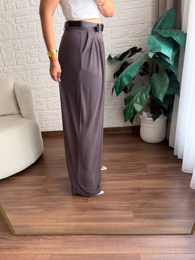 Beli Kemerli Pileli Bol Paça Modal Kumaş Palazzo Pantolon