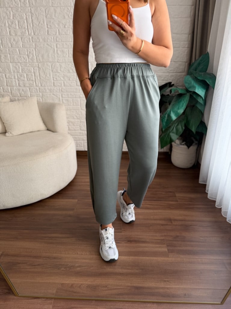 Beli Lastikli Modal Kumaş Eşofman Altı Yeşil