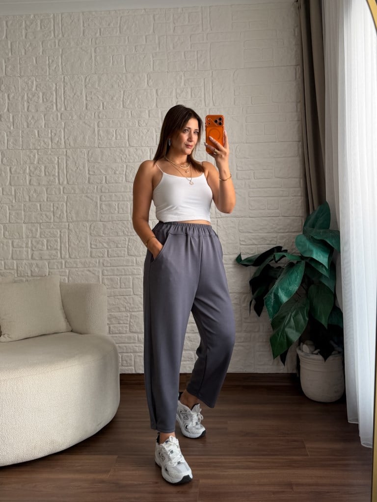 Beli Lastikli Modal Kumaş Eşofman Altı Füme