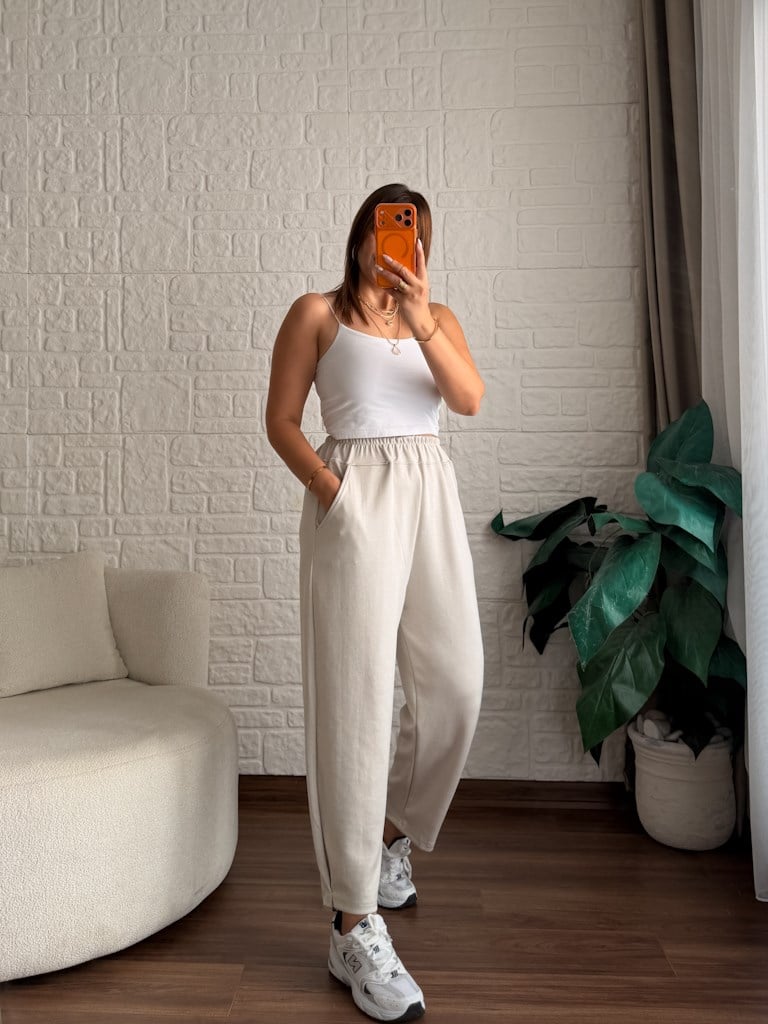 Beli Lastikli Modal Kumaş Eşofman Altı Taş
