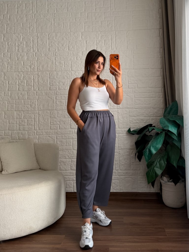 Beli Lastikli Modal Kumaş Eşofman Altı Füme