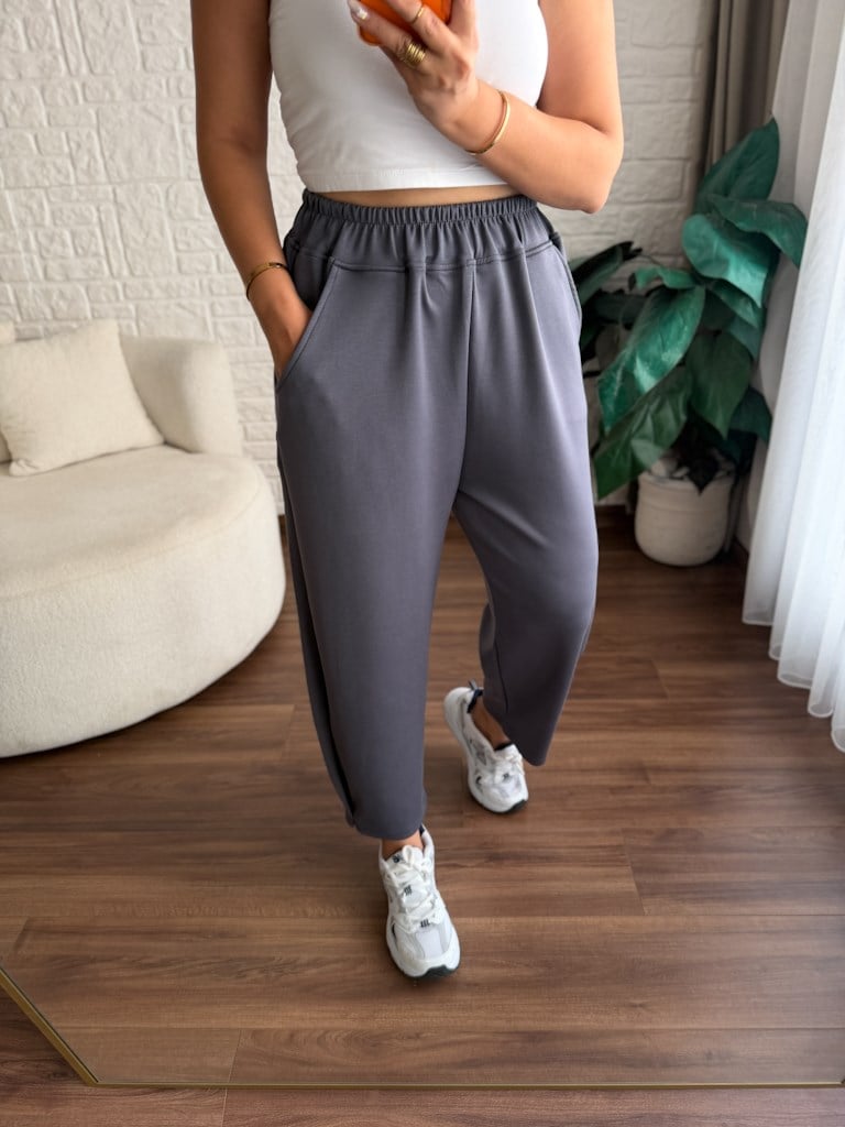 Beli Lastikli Modal Kumaş Eşofman Altı Füme