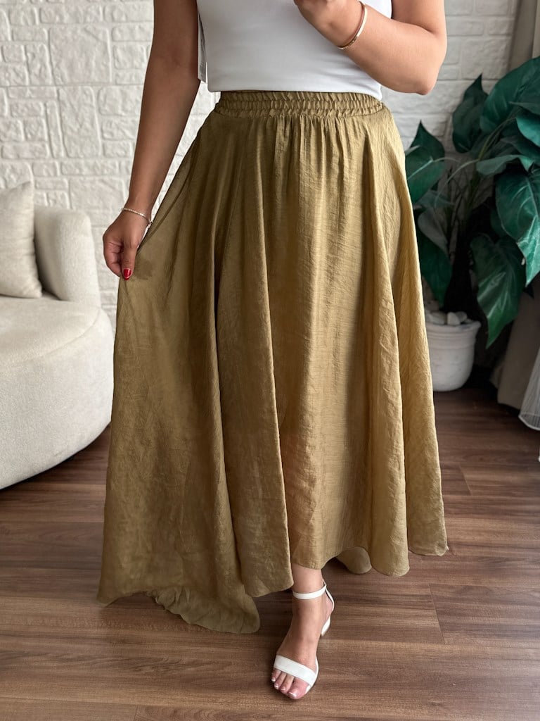 Beli Lastikli Tül Şifon Asimetrik Etek Yağ Yeşil