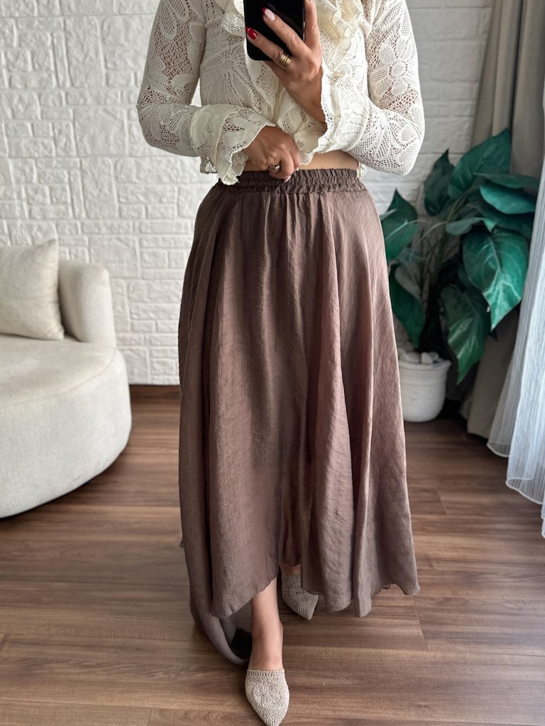 Beli Lastikli Tül Şifon Asimetrik Etek Kahverengi