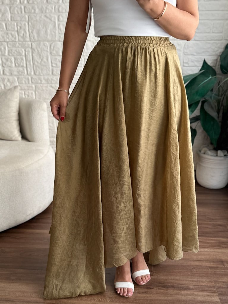 Beli Lastikli Tül Şifon Asimetrik Etek Yağ Yeşil