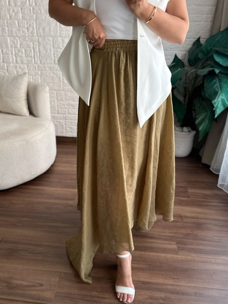 Beli Lastikli Tül Şifon Asimetrik Etek Yağ Yeşil