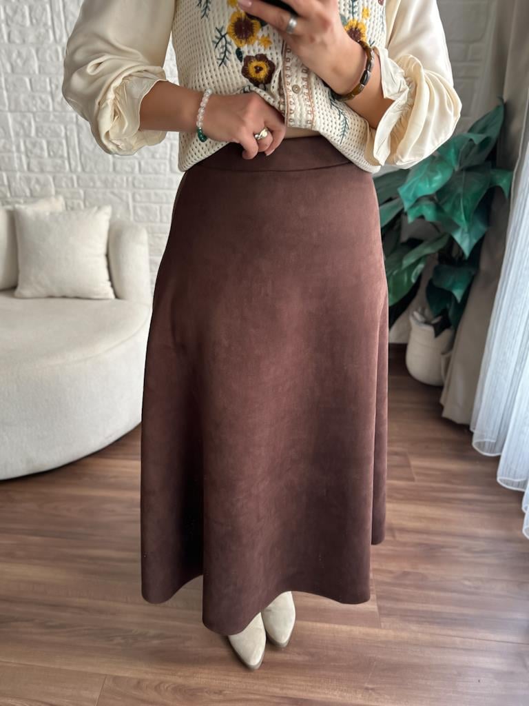 Beli Likralı Maxi Boy Süet Çan Etek Kahverengi