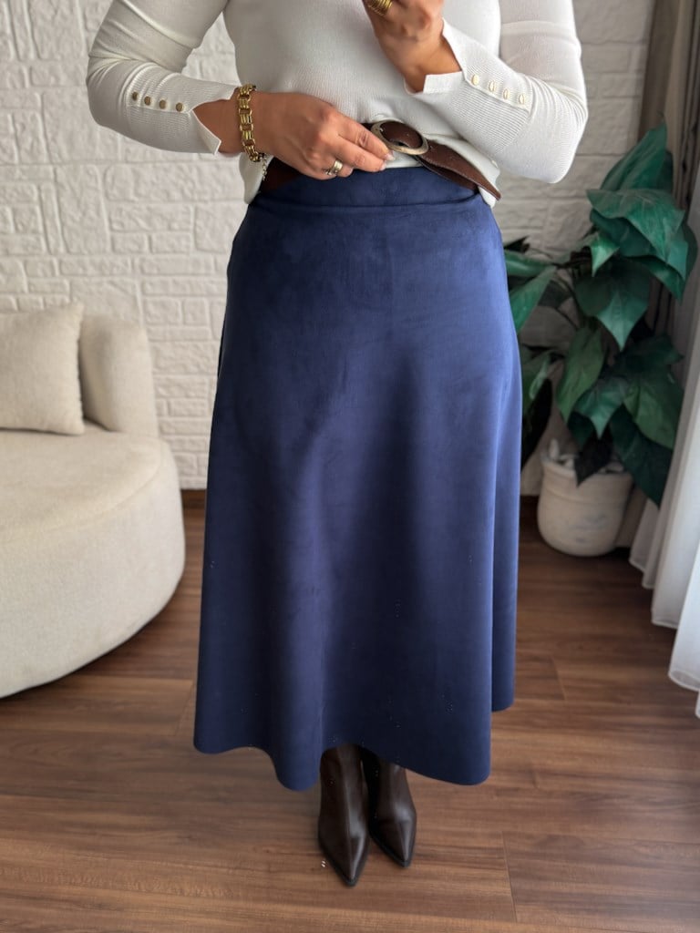 Beli Likralı Maxi Boy Süet Çan Etek Lacivert