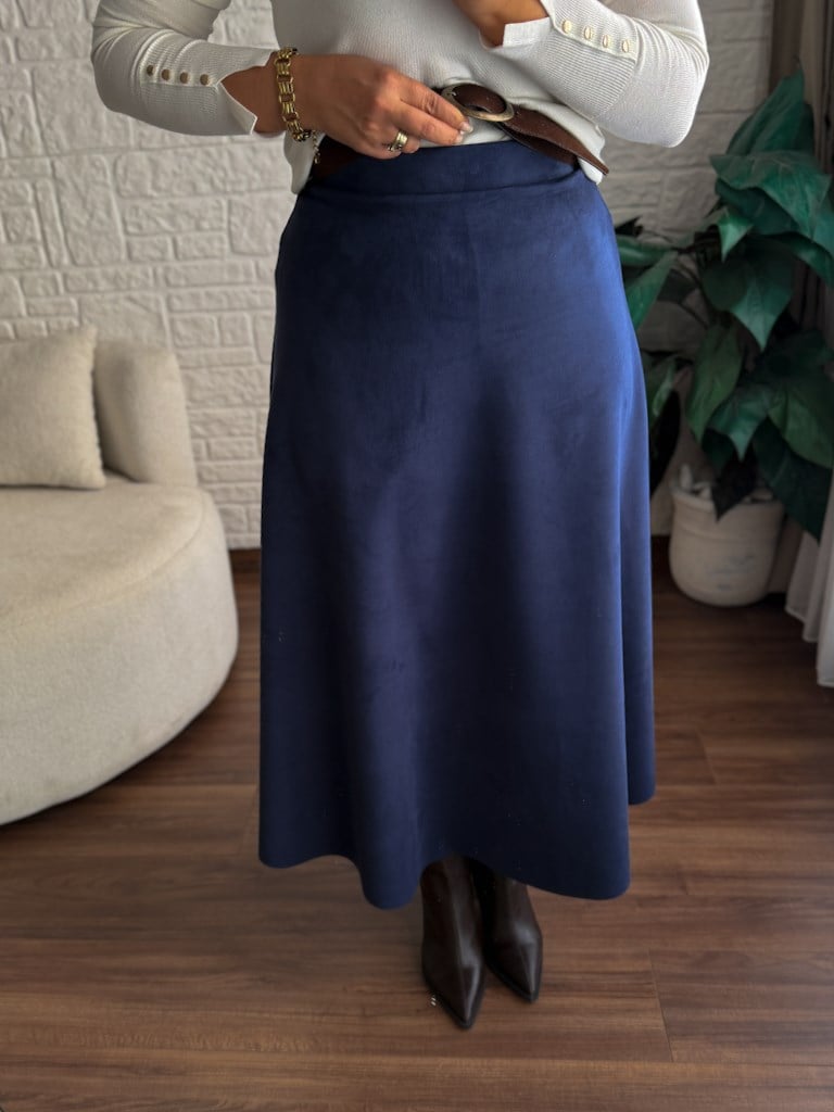Beli Likralı Maxi Boy Süet Çan Etek Lacivert