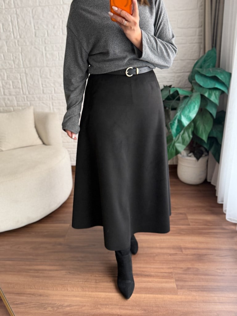 Beli Likralı Maxi Boy Süet Çan Etek Siyah