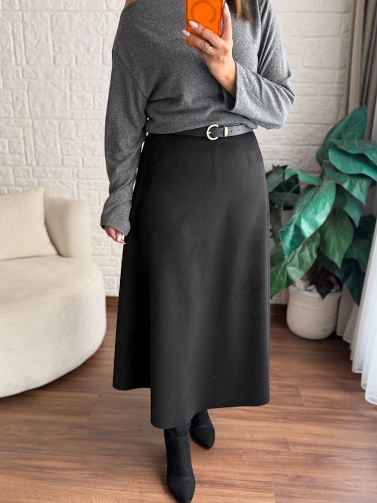 Beli Likralı Maxi Boy Süet Çan Etek Siyah