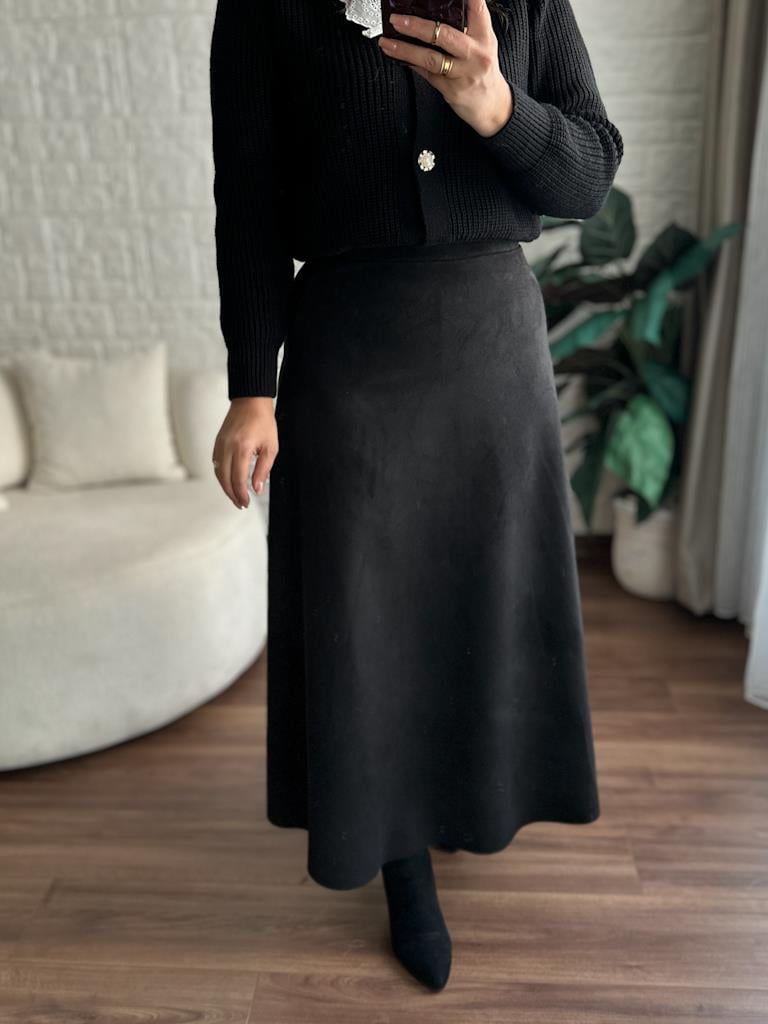 Beli Likralı Maxi Boy Süet Çan Etek Siyah